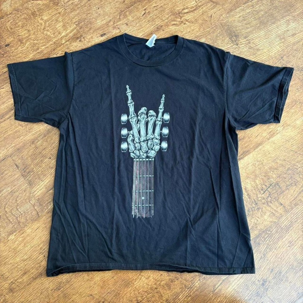 Port & Company Mens Skeleton Guitar Hand Graphic T-Shirt Black Large Skater Punk